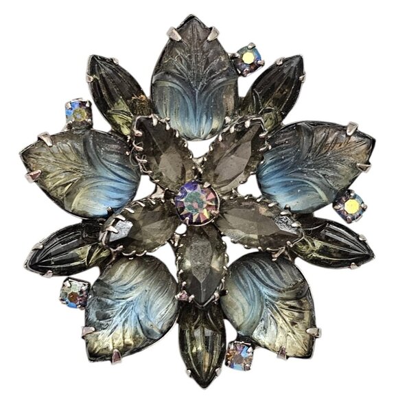 Blue Rhinestone Flower Brooch, Molded Glass, Givre, Smoky Cluster Pin L589